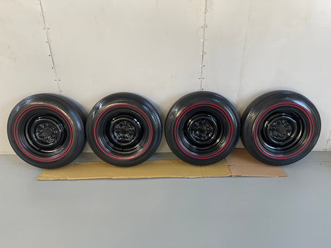 GENUINE 14 INCH MUSTANG WHEELS FOMOCO FORD WITH BF GOODRICH DUAL RED LINES